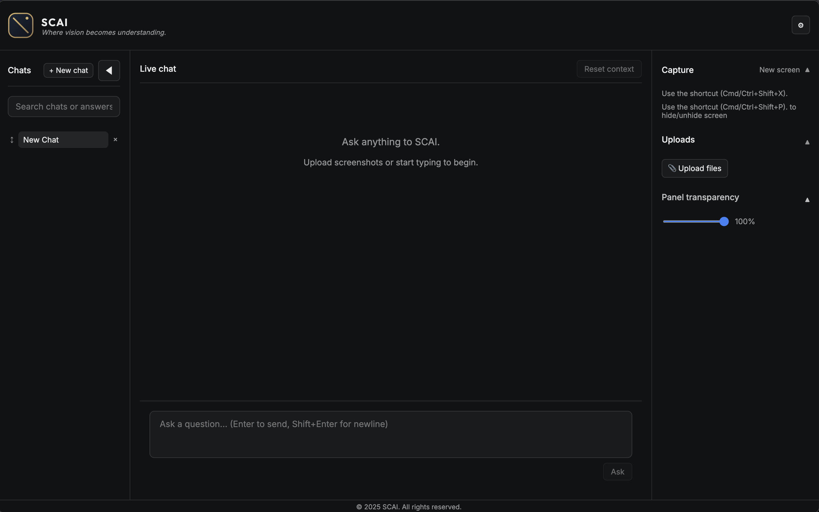 SCAI application interface showing chat, capture, and upload features